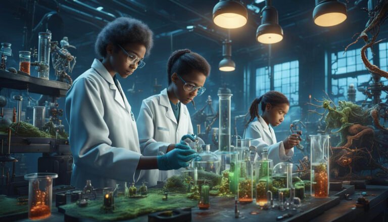 Image of A biology researcher teaching young scientists in a scientific lab 01 by Anna Gioran via NightCafe